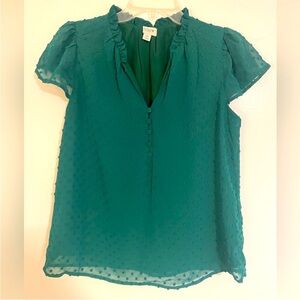 J. Crew jade green Swiss Dot chiffon ruffle neck Blouse